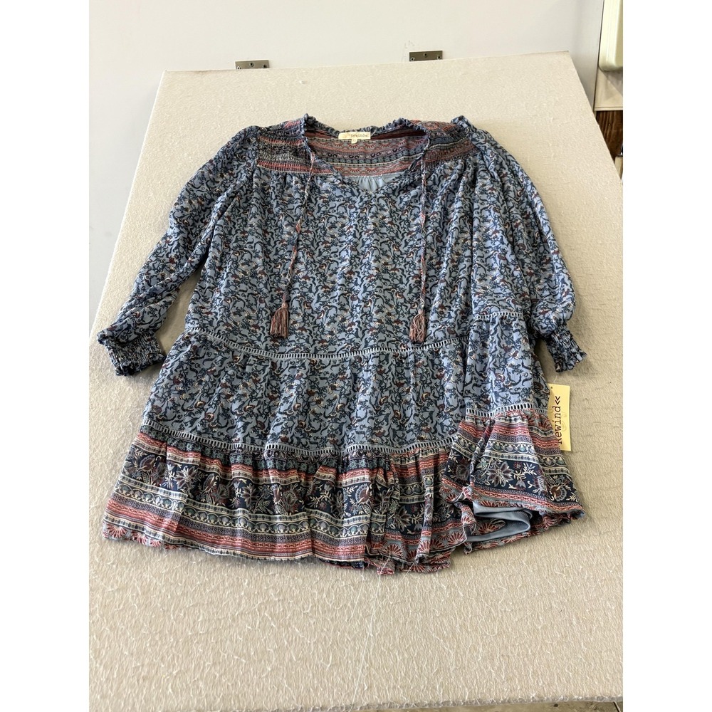 Rewind Dress Womens XL Blue Floral Boho Long Sleeve Tassel Swing Tiered Short